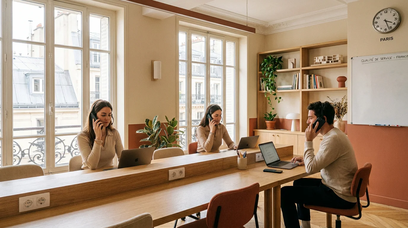 Équipe professionnelle assurant l'accueil téléphonique dans un bureau moderne en France