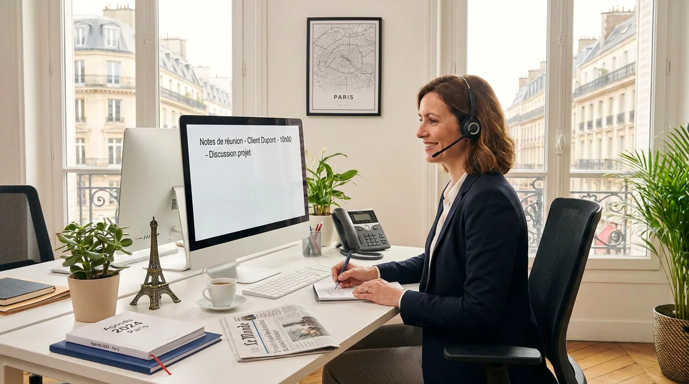 Réceptionniste professionnelle assurant un accueil téléphonique de qualité dans un bureau en France