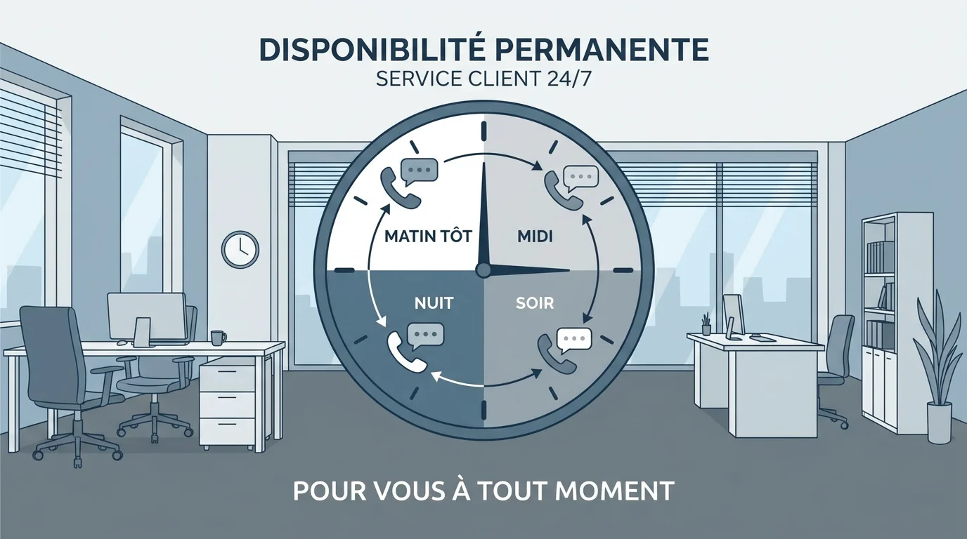 Illustration représentant la disponibilité permanente d'un accueil téléphonique professionnel 24h/24