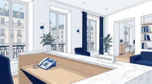 Standard téléphonique professionnel accueillant dans un bureau moderne en France