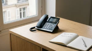 Téléphone professionnel sur un bureau ordonné symbolisant un accueil téléphonique structuré
