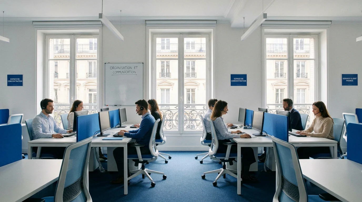 Espace de travail professionnel dédié à l'accueil téléphonique en France