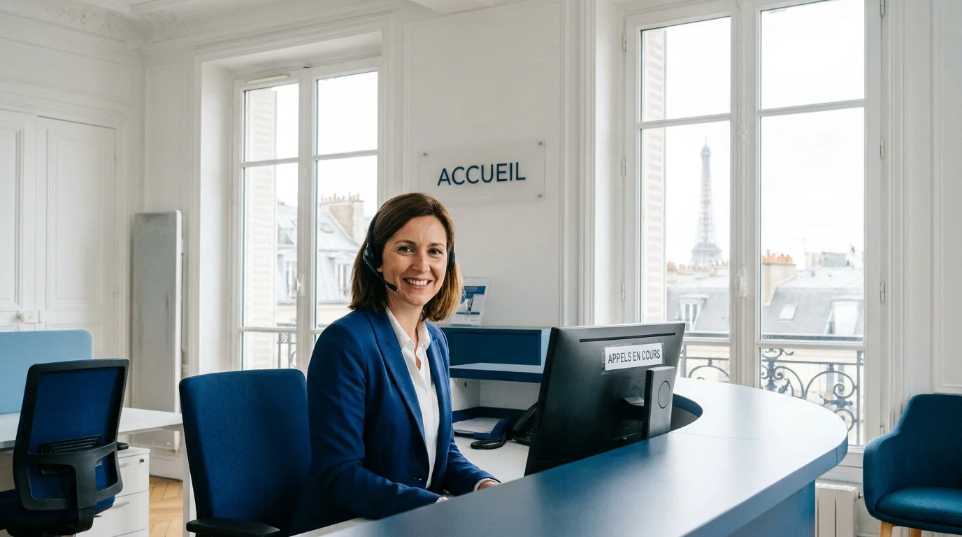 Standardiste professionnelle assurant l'accueil téléphonique dans un bureau en France