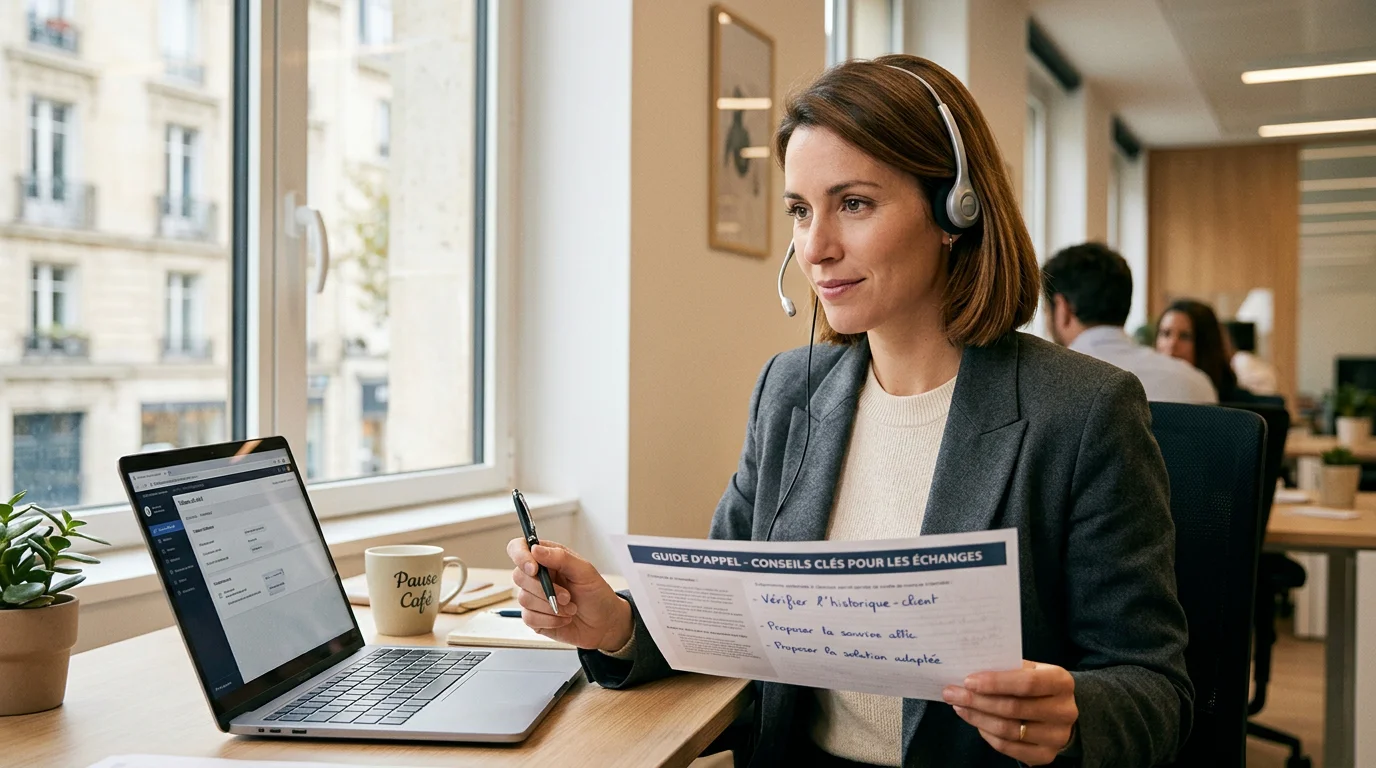 Professionnelle utilisant une trame d'appel téléphonique imprimée avec un casque