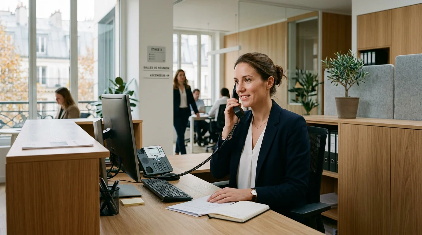 Réceptionniste professionnelle répondant à un appel dans un bureau lumineux