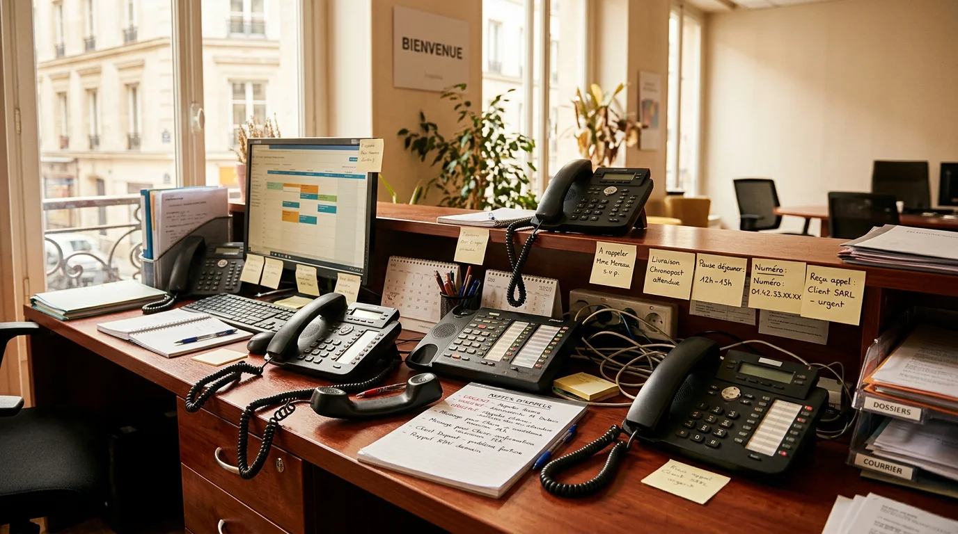 Bureau de réception avec plusieurs téléphones actifs illustrant un pic d'appels entrants