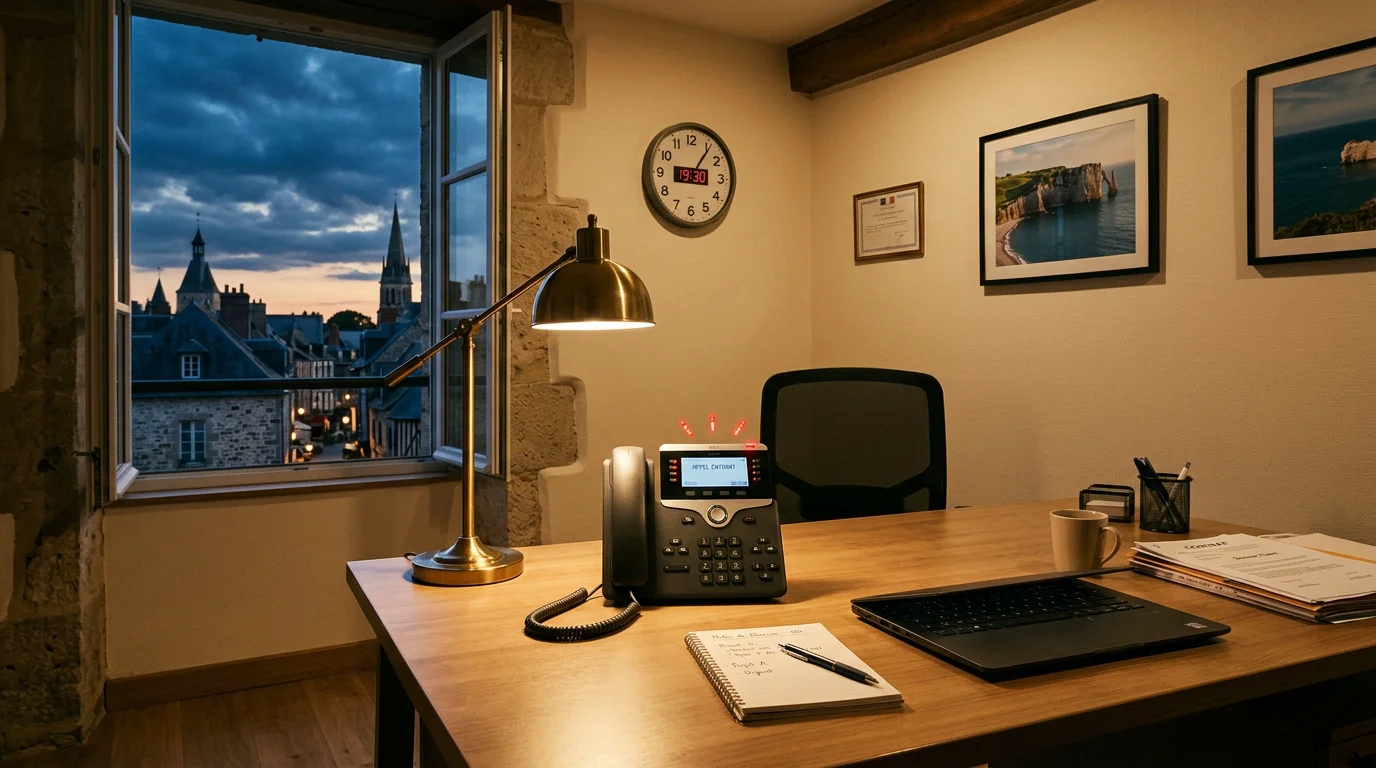 Téléphone professionnel sonnant en fin de journée dans un bureau, illustrant la réception d'appels en dehors des horaires classiques