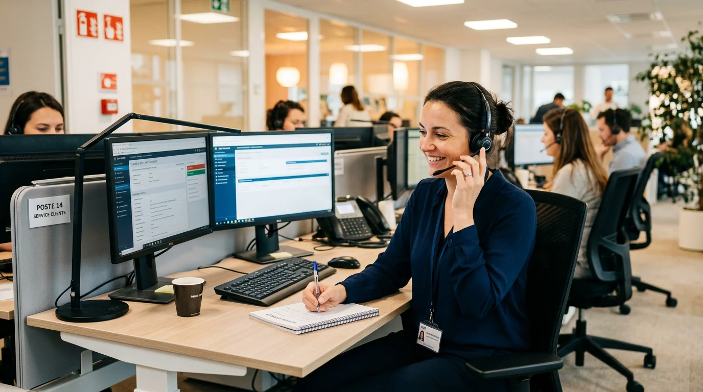 Téléopératrice professionnelle assurant la réception d'appels dans un centre d'appels moderne en France