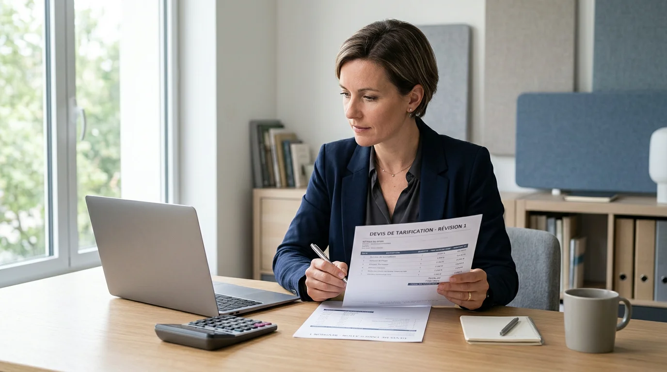 Un professionnel examine un devis de standard téléphonique sur son bureau