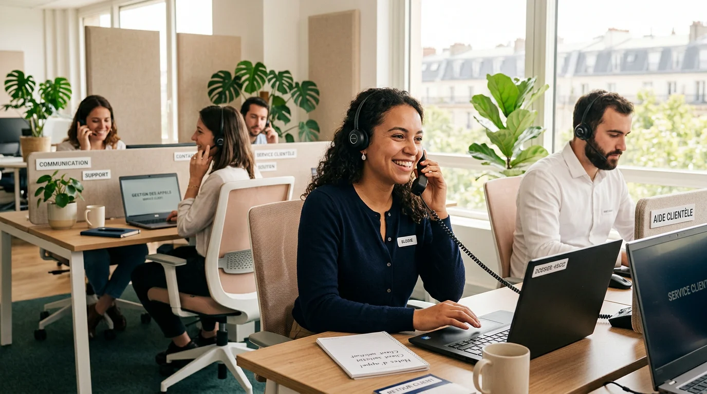 Équipe de conseillers téléphoniques souriants avec casques dans un bureau lumineux