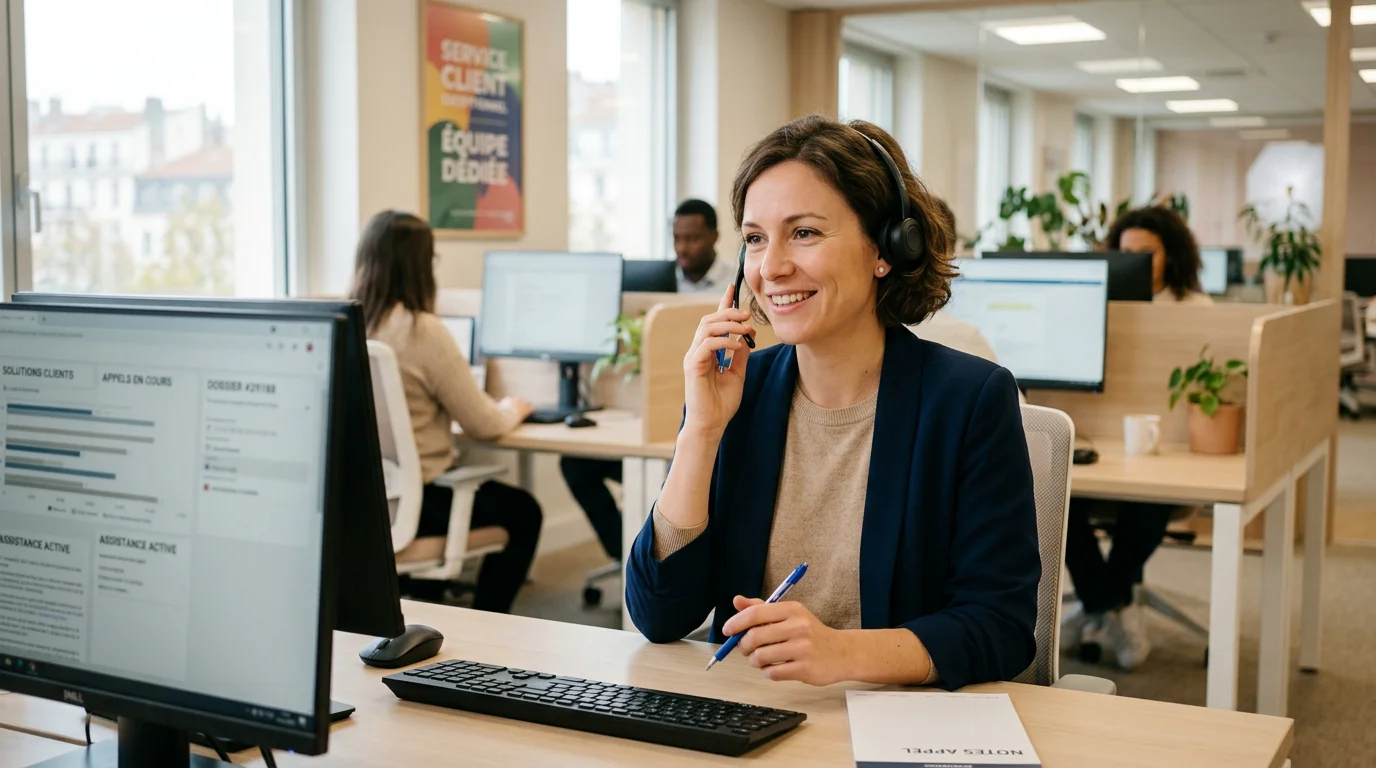 Conseillère souriante au téléphone dans un bureau lumineux