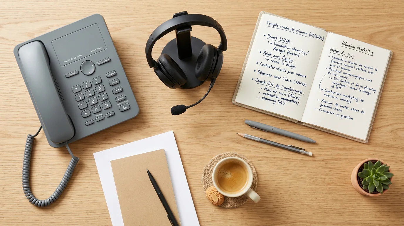 Bureau organisé avec téléphone et casque pour l'accueil téléphonique