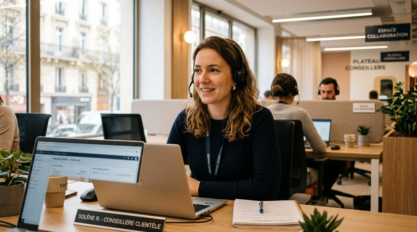 Conseillère en service après-vente externalisé au téléphone dans un bureau lumineux