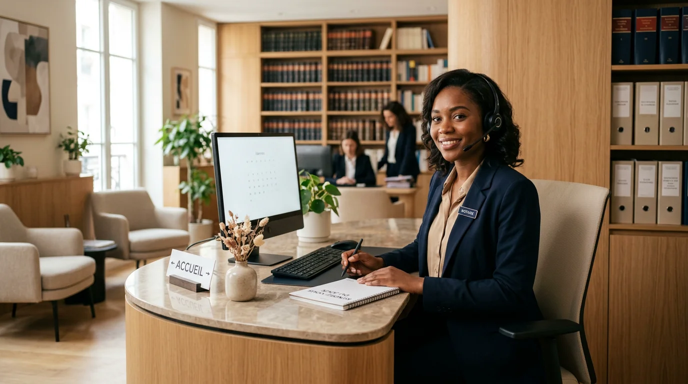 Secrétaire au casque assurant l'accueil téléphonique d'un cabinet d'avocats