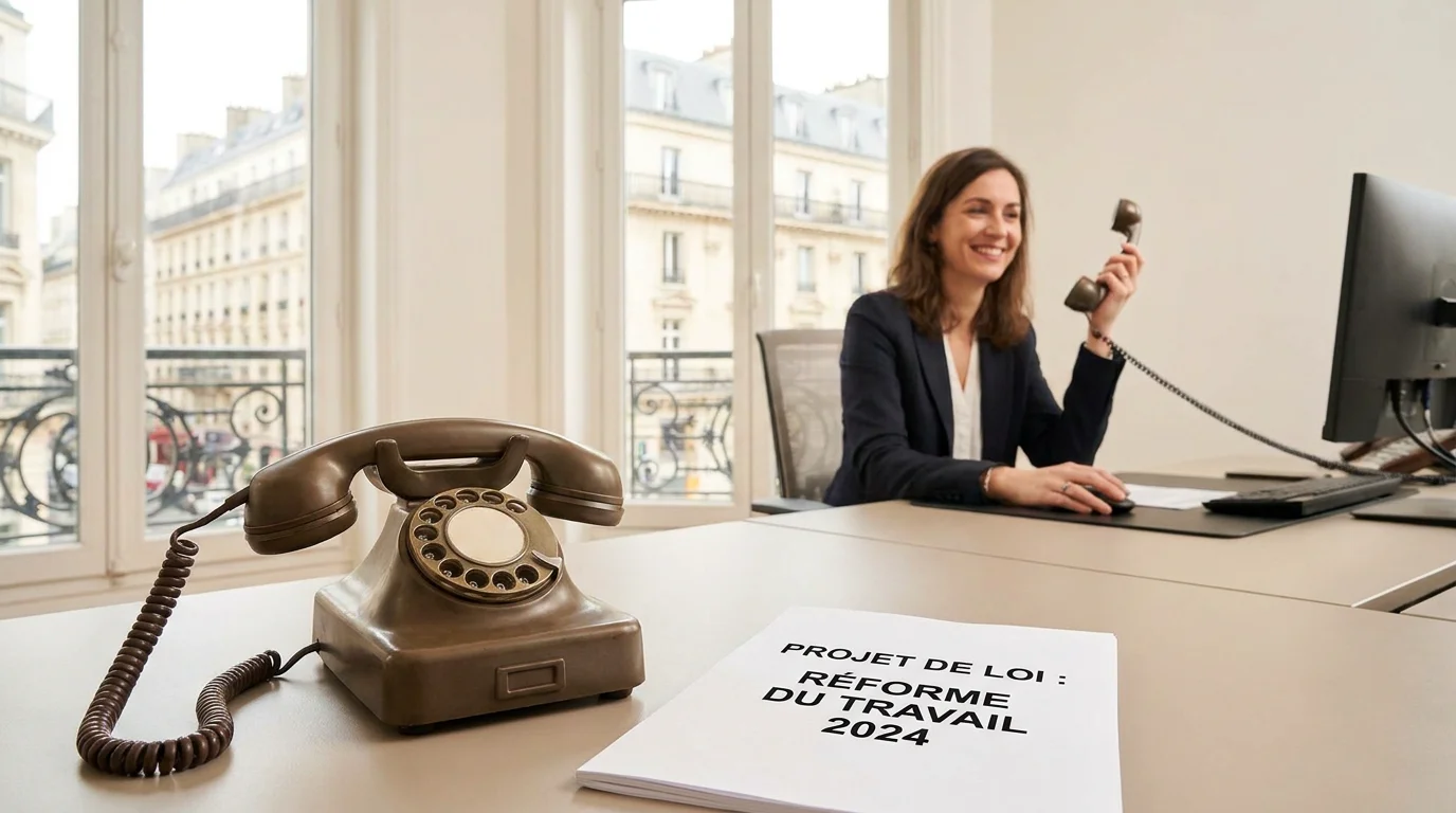 Bureau professionnel avec téléphone et charte d'accueil téléphonique posée sur le plan de travail