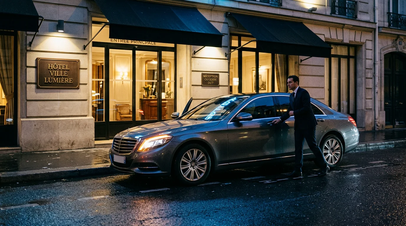 Véhicule de transport avec chauffeur en attente devant un hôtel de nuit