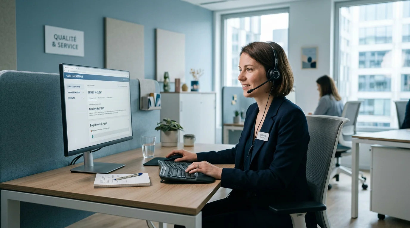 Agente d'un centre d'appel avec un casque devant son écran dans un bureau lumineux