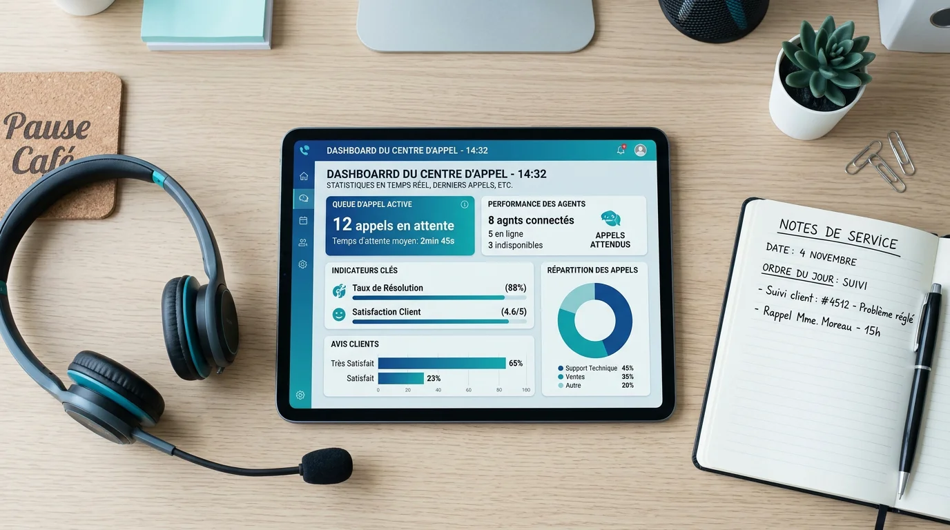 Tableau de bord d'un logiciel de centre d'appel avec indicateurs de performance
