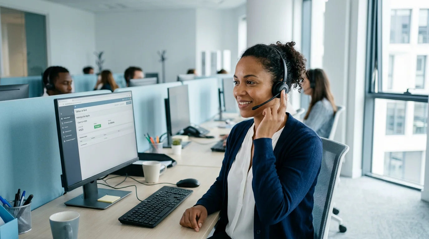 Opératrice de plateforme téléphonique externe avec casque dans un centre d'appels moderne