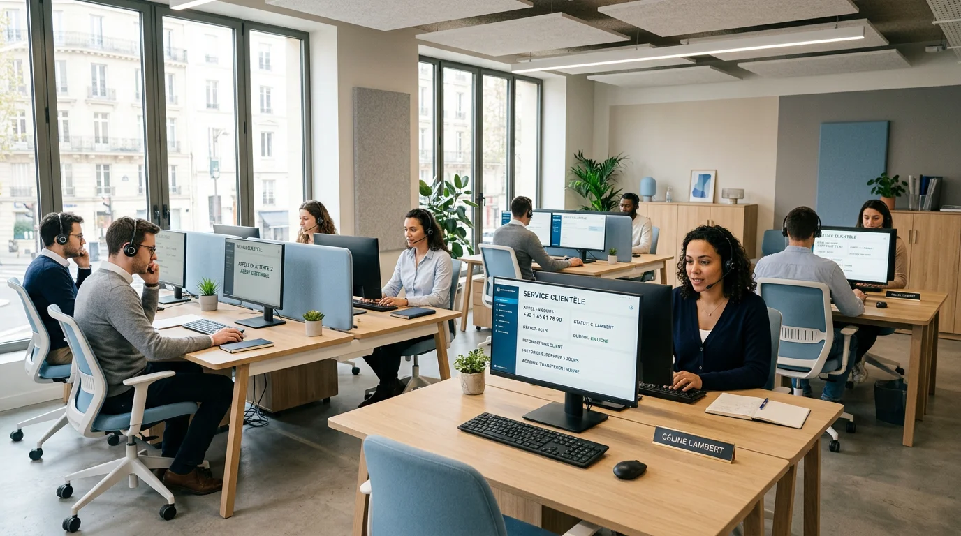 Agents d'un centre de relation client externalisé au travail dans un open-space