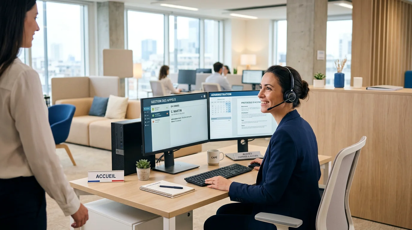 Standard téléphonique sur mesure géré par une opératrice dans un bureau moderne