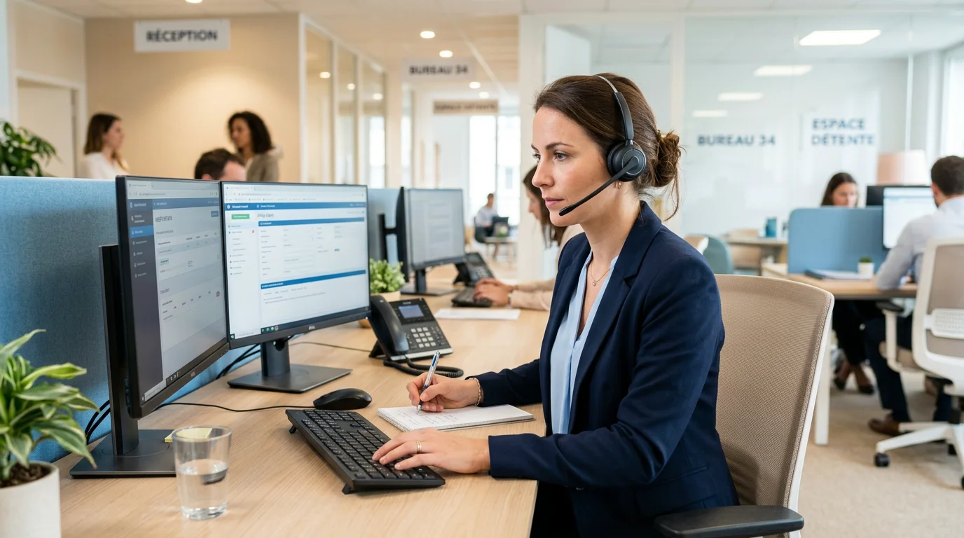 Opératrice d'accueil téléphonique personnalisé avec casque dans un bureau lumineux