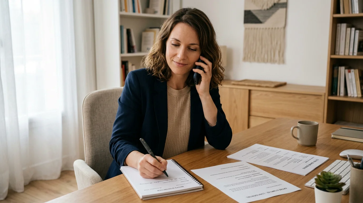 Une candidate prend des notes pendant un entretien téléphonique de recrutement