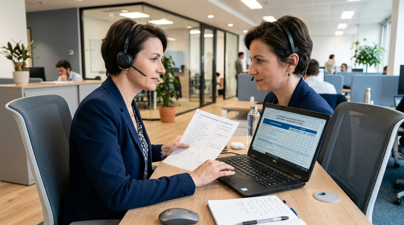 Un recruteur mène un entretien téléphonique structuré à l'aide d'une grille d'évaluation