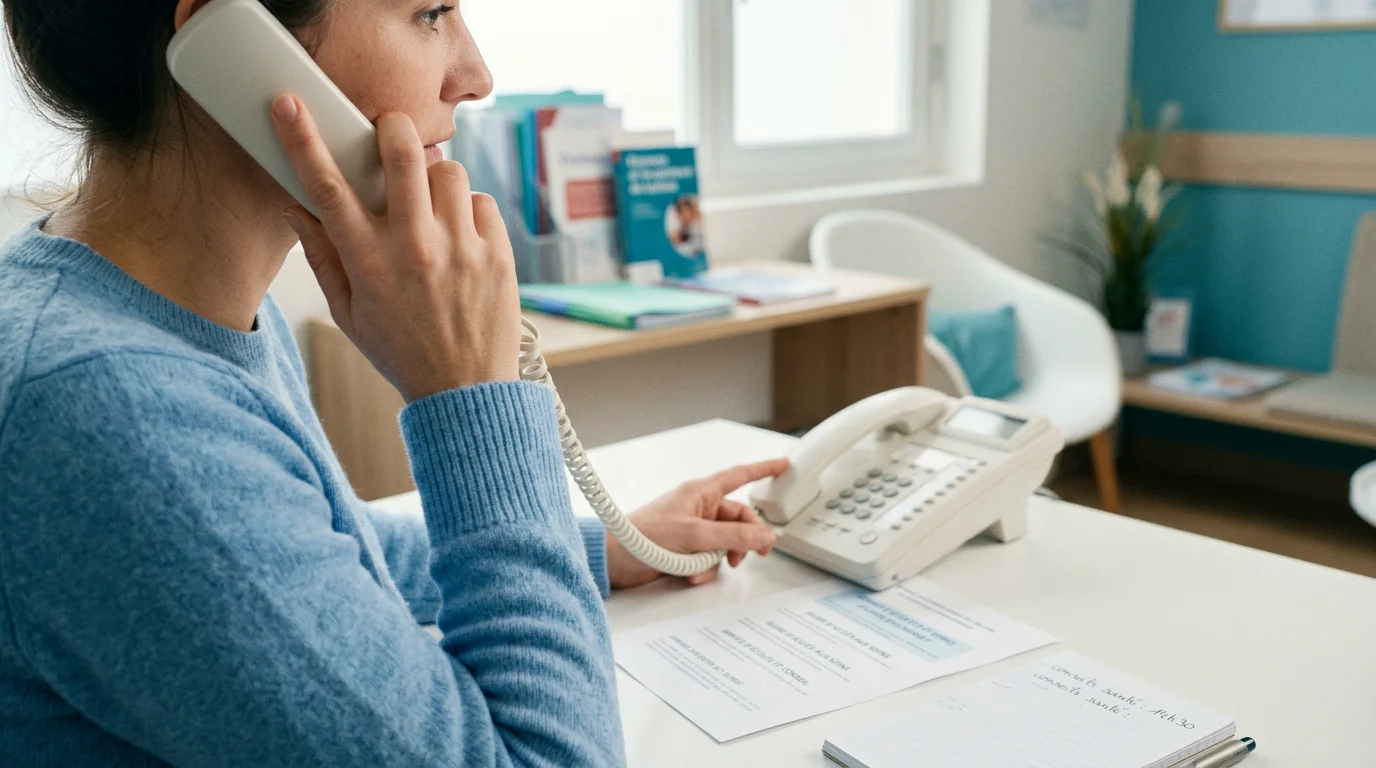 Une main tient un combiné téléphonique pour obtenir un conseil médical à distance