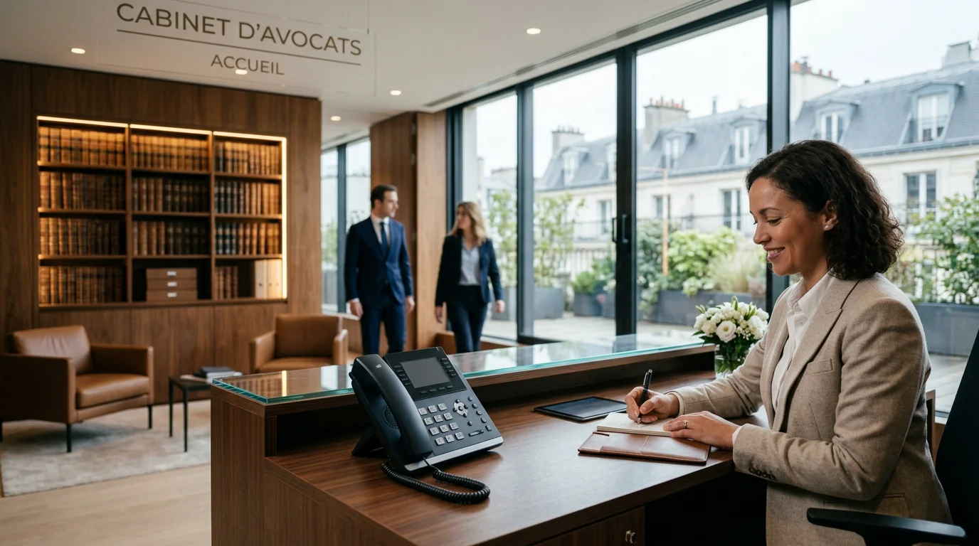 Bureau d'accueil d'un cabinet juridique avec un téléphone au premier plan
