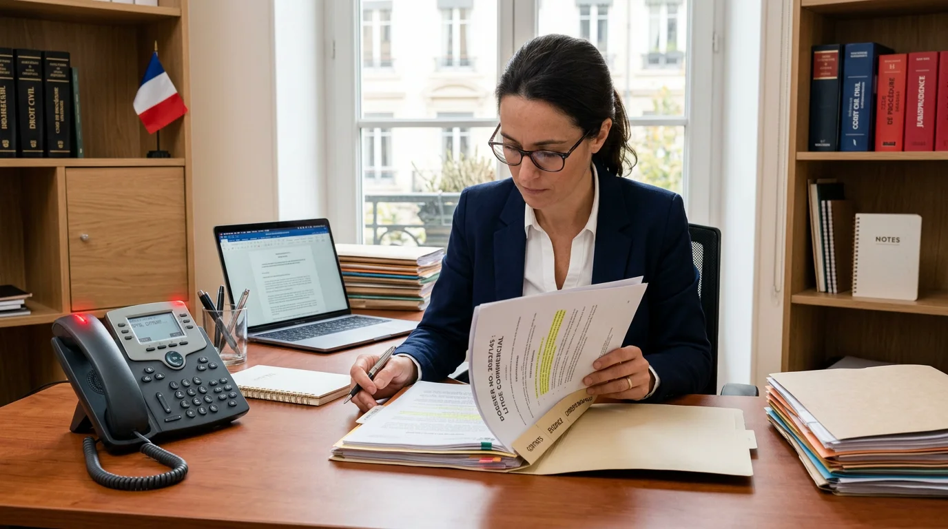 Avocat concentré sur un dossier pendant que son téléphone de bureau sonne
