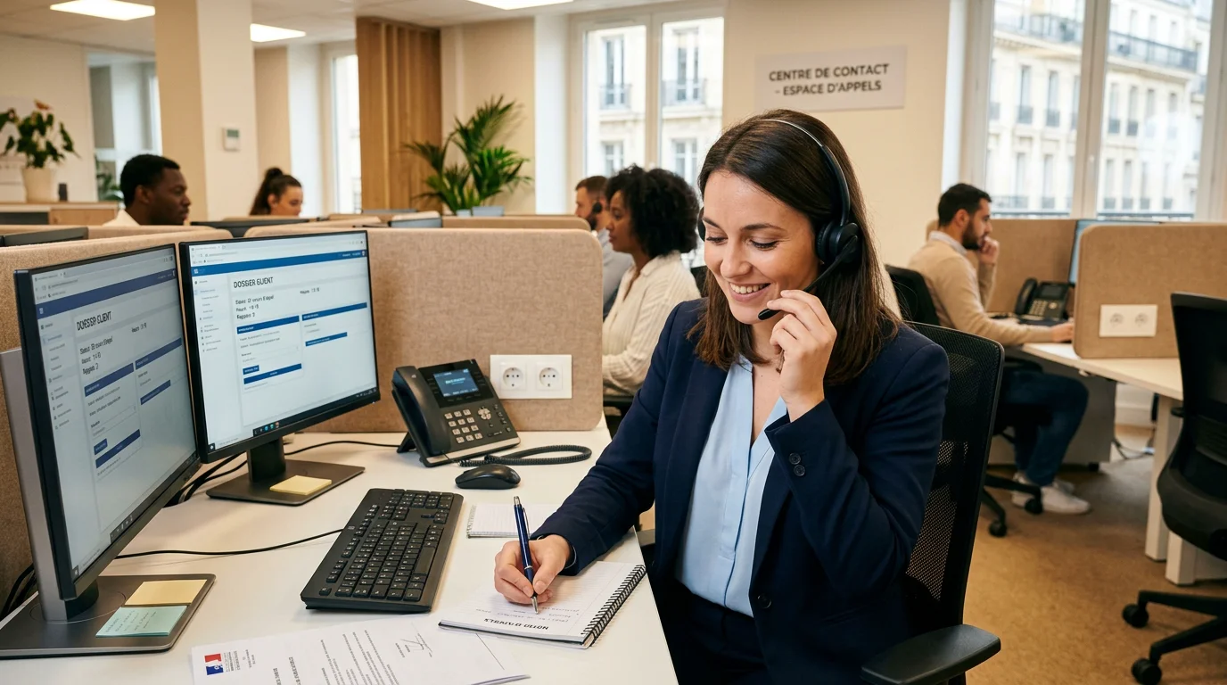 Téléopératrice avec casque prenant un message pour un cabinet juridique