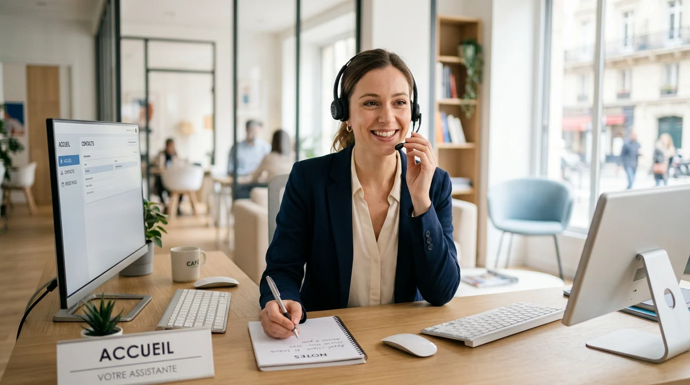 Standardiste souriante avec casque dans un bureau moderne et lumineux