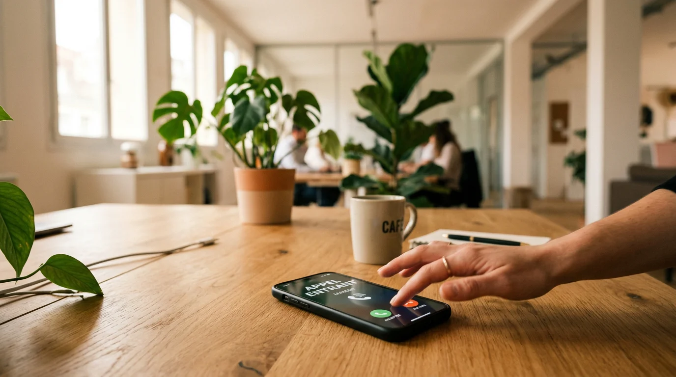 Une main répond à un téléphone qui sonne dans un bureau lumineux