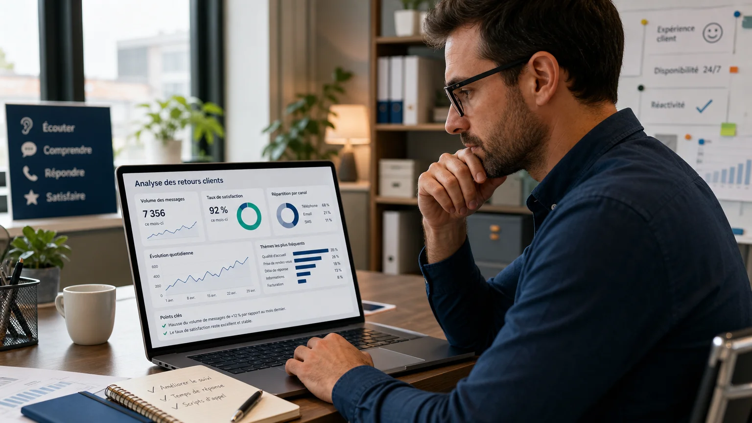 Professionnel analysant des données de satisfaction client sur un ordinateur portable
