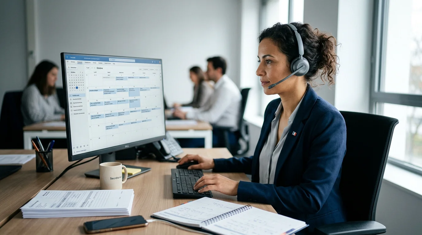 Télésecrétaire mettant à jour un agenda partagé sur ordinateur