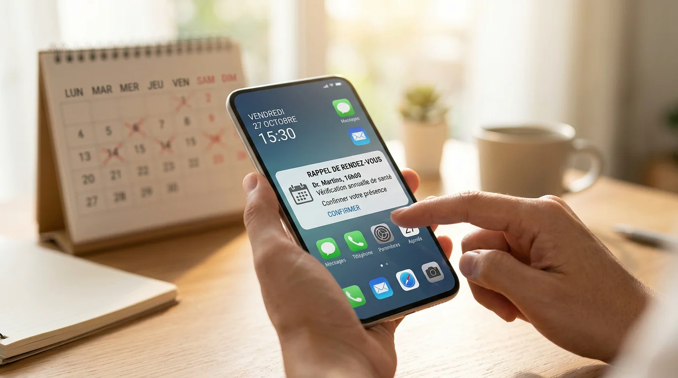 Rappel de rendez-vous par SMS affiché sur un smartphone