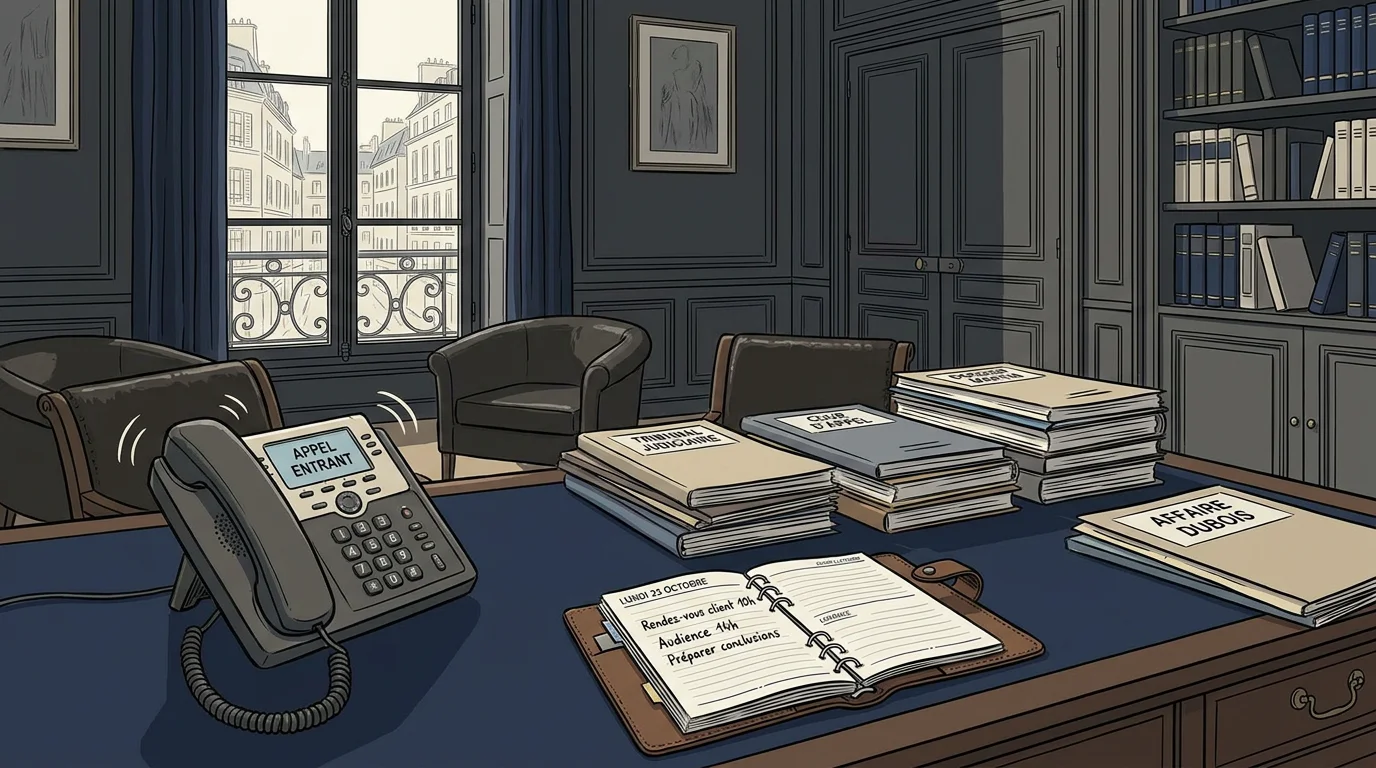 Bureau d'avocat en France avec téléphone et dossiers juridiques