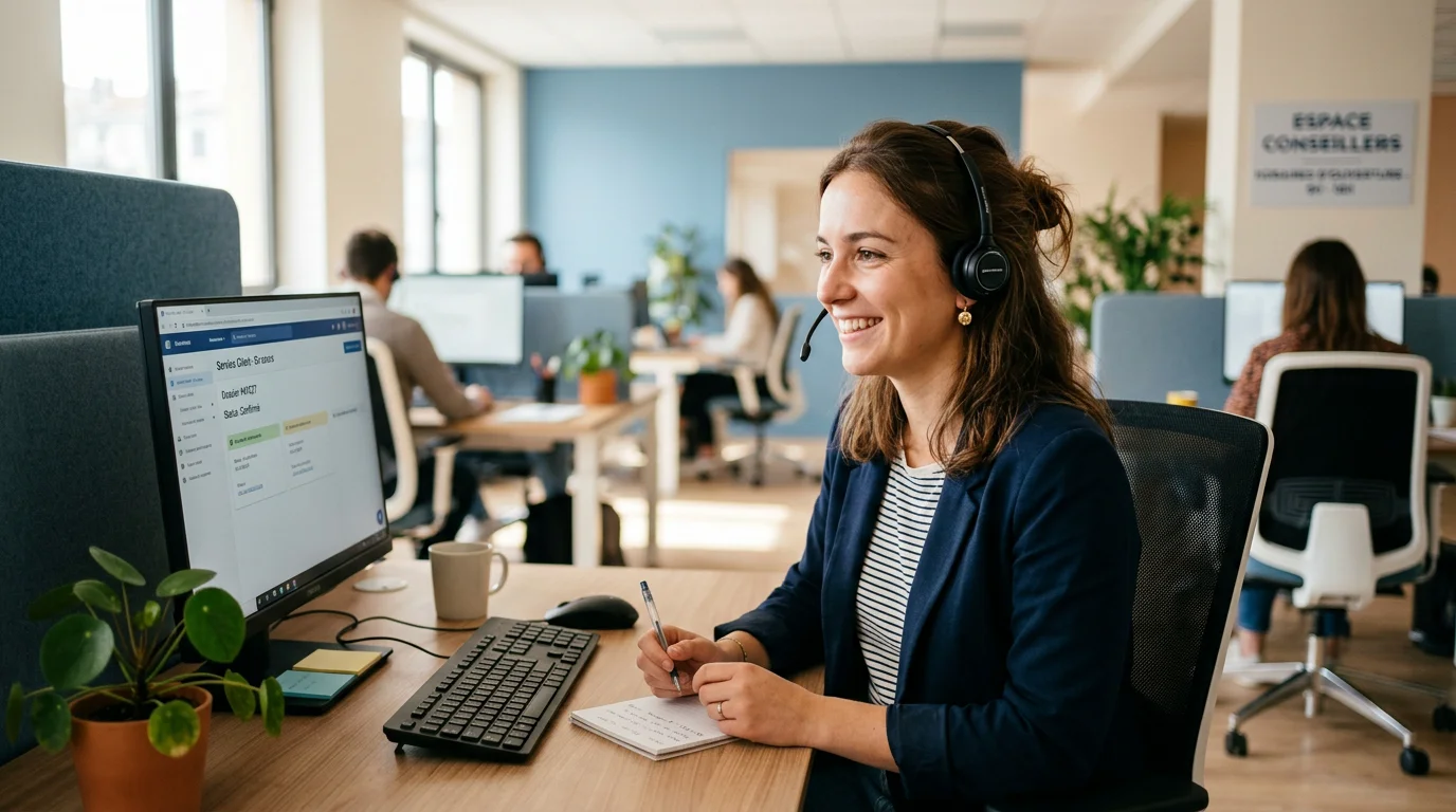 Conseillère avec casque assurant un accueil téléphonique externalisé dans un bureau lumineux