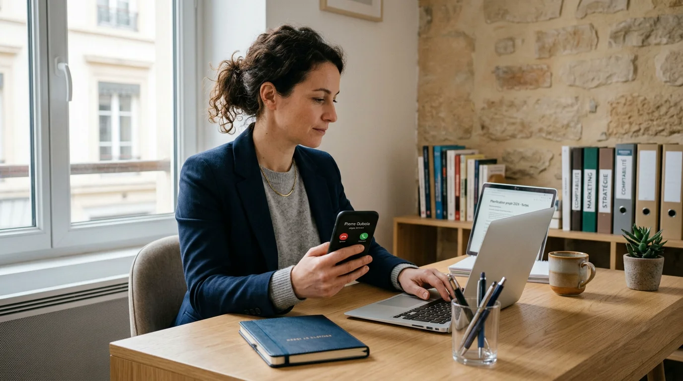 Dirigeant de PME consultant les appels reçus sur son téléphone professionnel