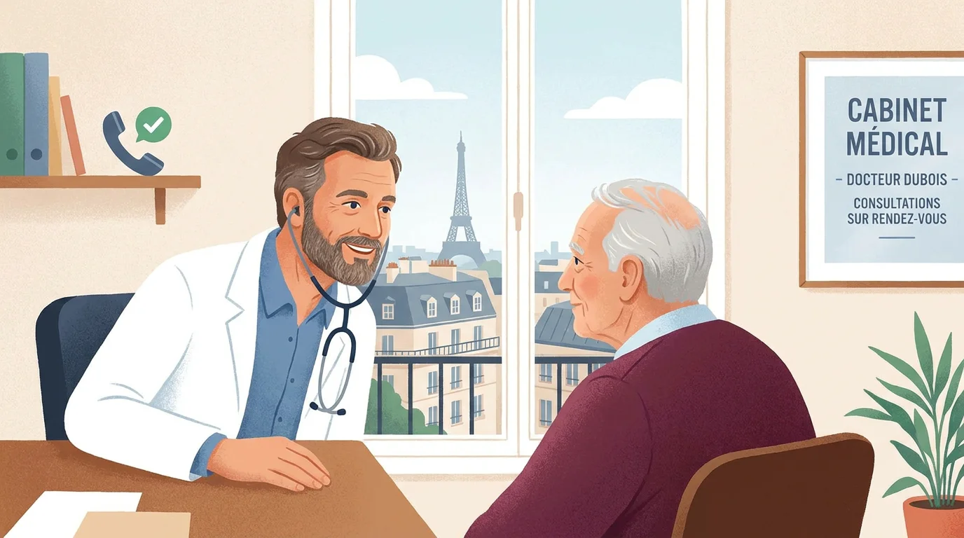 Médecin concentré sur sa consultation pendant que la permanence téléphonique gère ses appels à distance