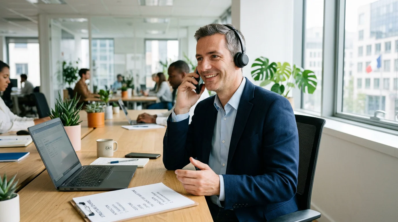 Professionnel souriant au téléphone avec une trame d'appel sur son bureau
