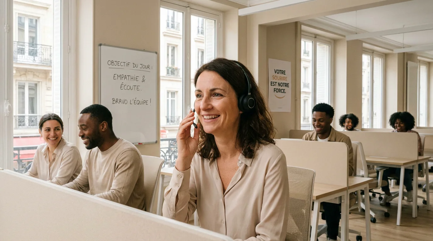 Opératrice d'accueil téléphonique souriante offrant un contact humain de qualité