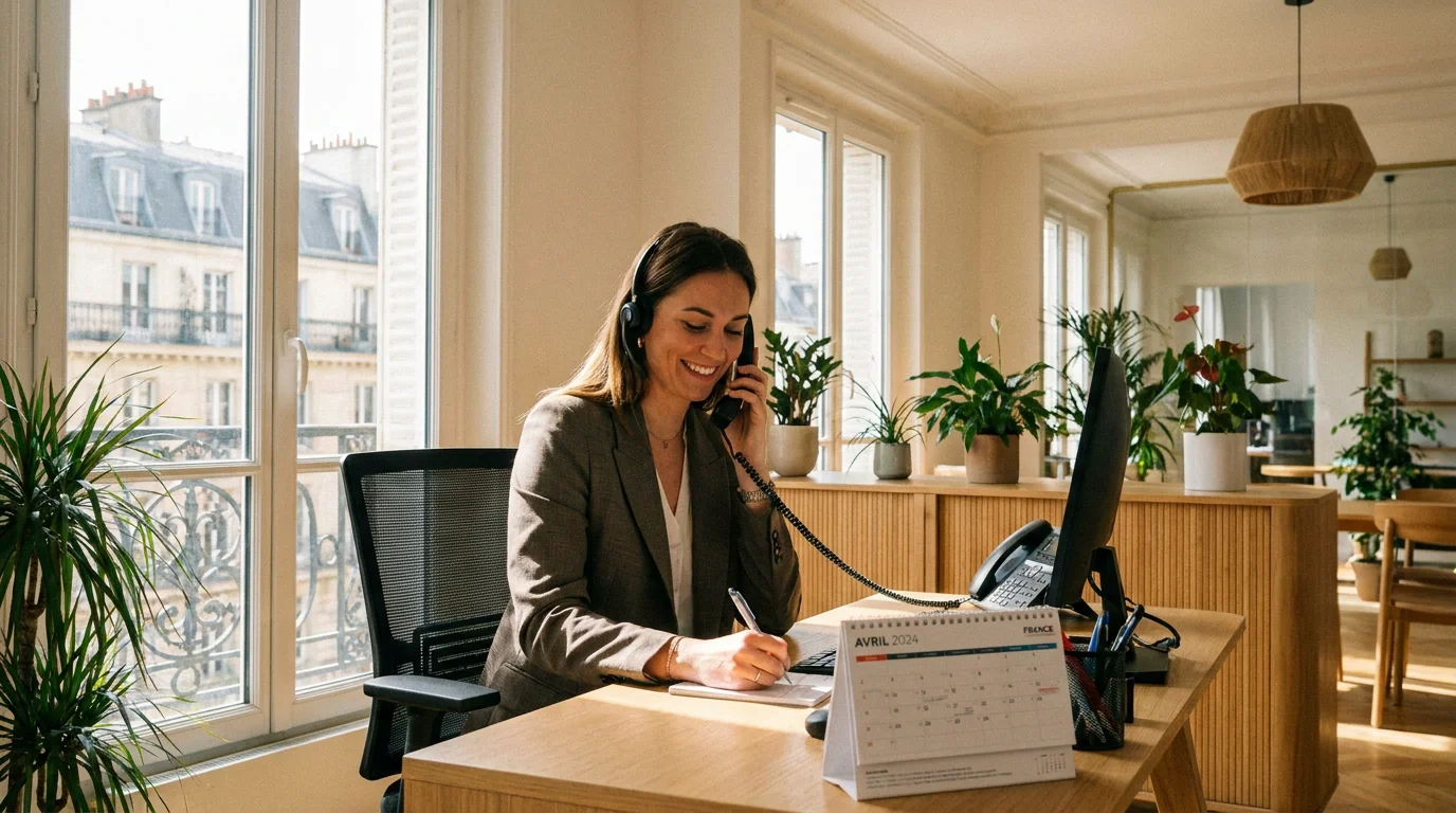 Réceptionniste professionnelle assurant un accueil téléphonique de qualité dans un bureau moderne