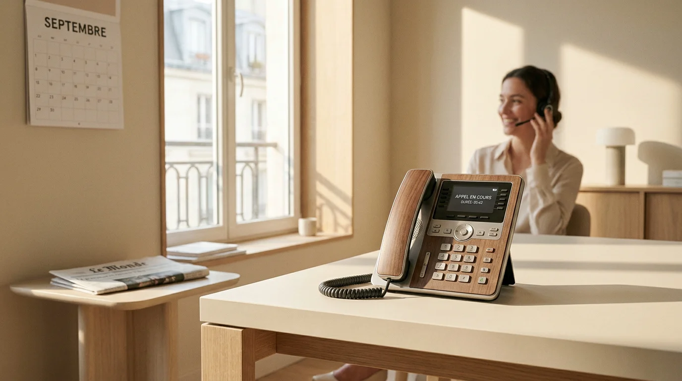 Bureau professionnel avec téléphone et opérateur en arrière-plan symbolisant un accueil téléphonique d'urgence