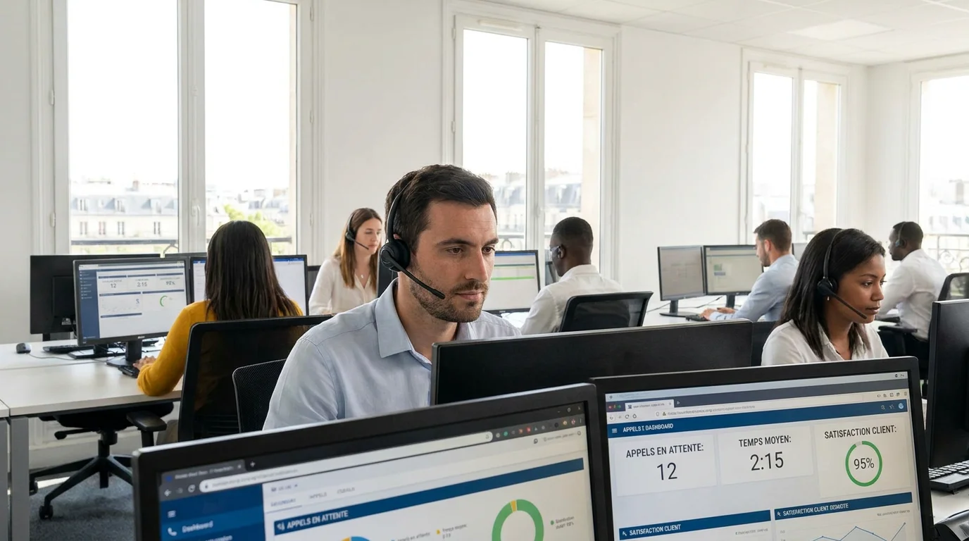 Opérateur téléphonique dans un centre d'appels moderne assurant un accueil d'urgence en France