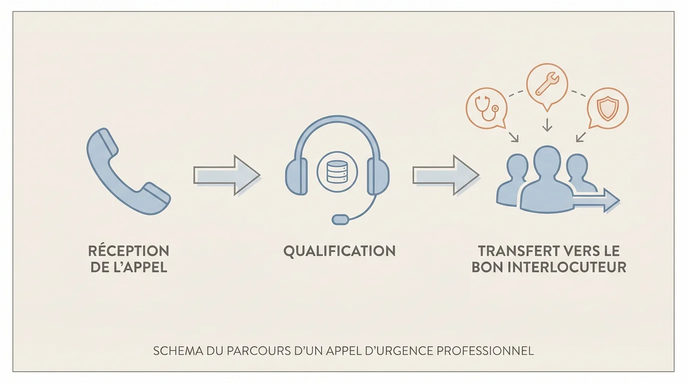 Schéma du parcours d'un appel d'urgence professionnel de la réception au transfert