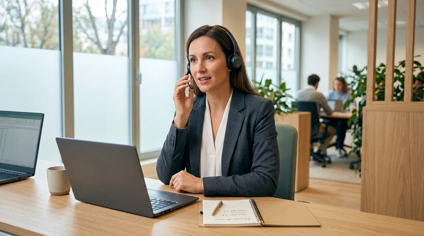 Professionnel avec casque gérant des appels externes dans un bureau moderne