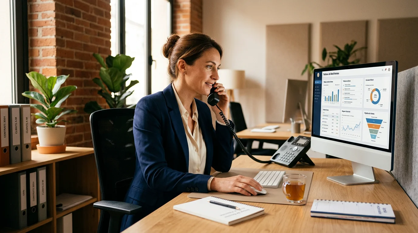 Professionnel gérant un appel externe entrant dans un bureau lumineux