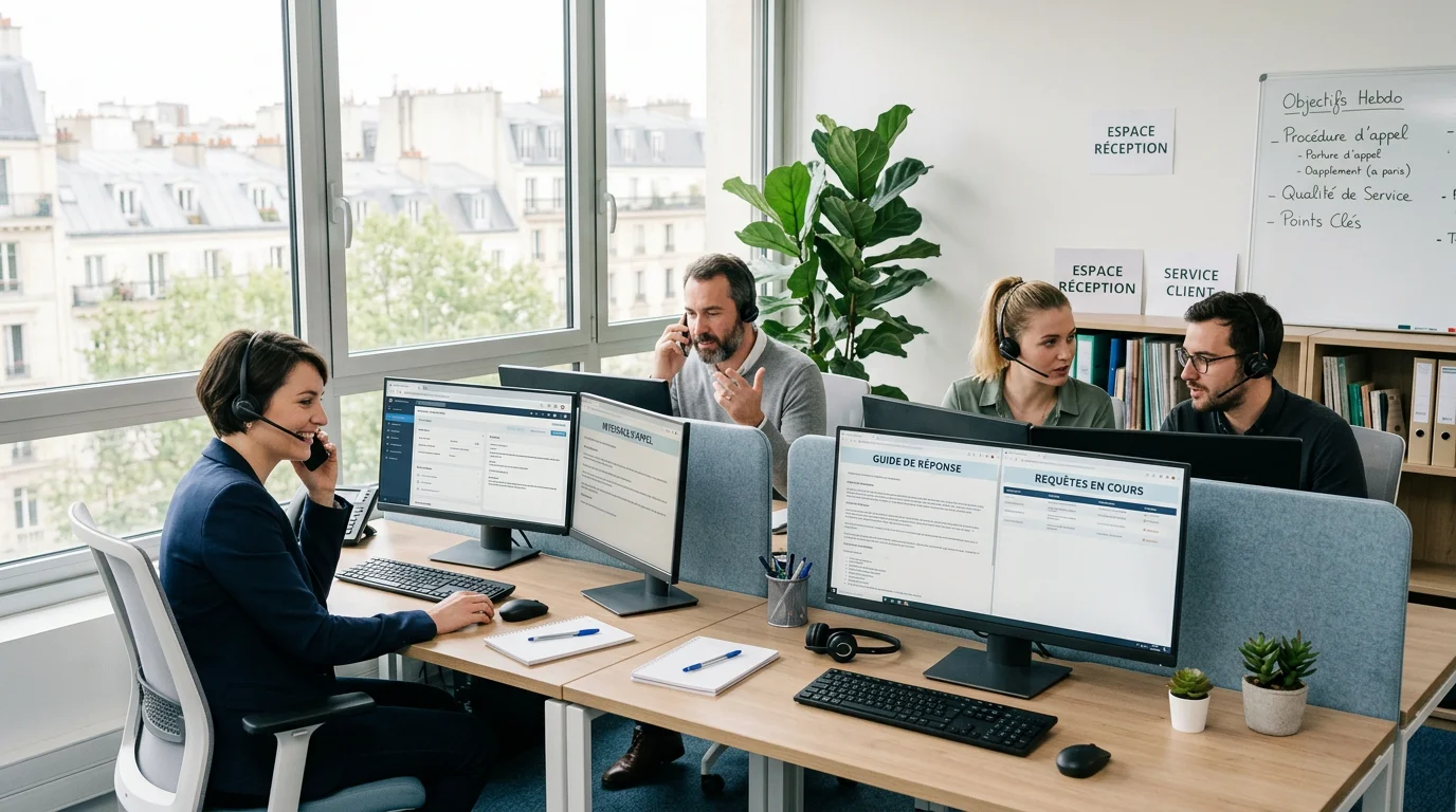 Équipe d'accueil téléphonique externalisé au travail avec casques